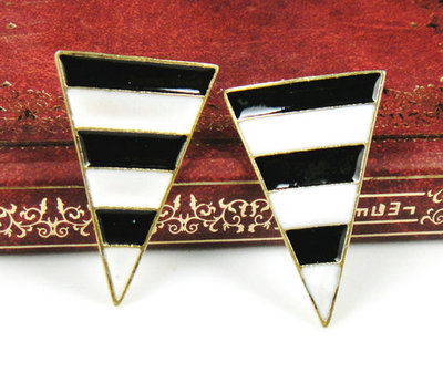 "Classic" Black/White Striped Triangle Earrings