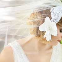 Bridal Cap Veil with Silk Magnolia and Alencon Lace  - Thumbnail 2