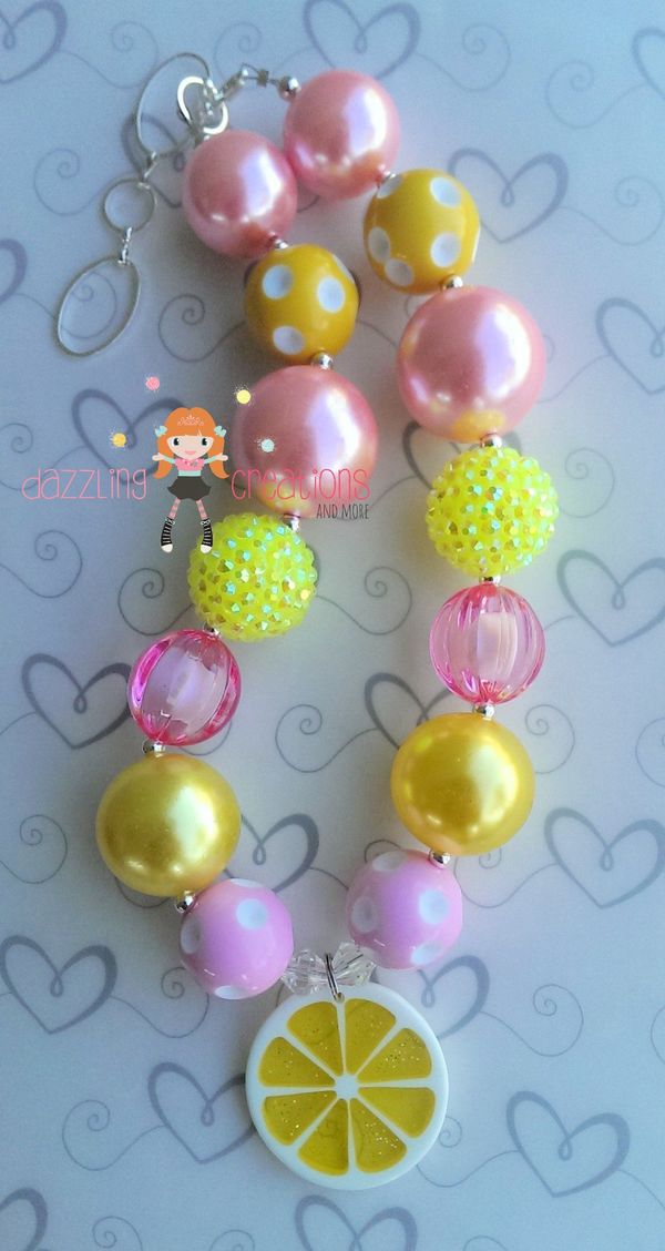 Pink Lemonade Pendant Chunky Necklace Hair Bow Sets Perfect Photo Props/Bubblegum Beads/Girls Jewelry