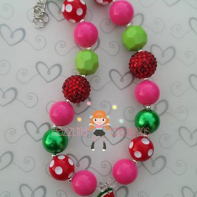 Pink watermelon pendant chunky necklace hair bow sets perfect photo props/bubblegum beads/girls jewelry