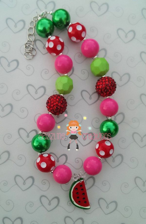 Pink Watermelon Pendant Chunky Necklace Hair Bow Sets Perfect Photo Props/Bubblegum Beads/Girls Jewelry