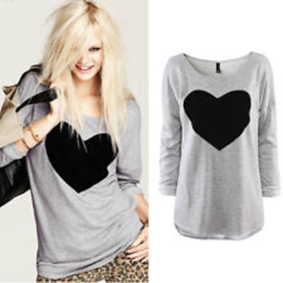 Love heart printed women round neck long sleeve t-shirt tops