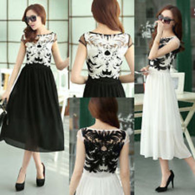  vintage floral lace slim chiffon maxi bohemian dress size s/m/l/xl