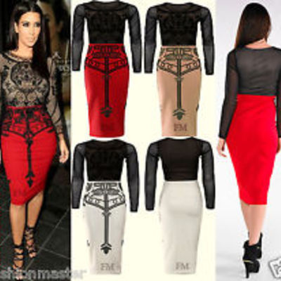 Celeb kim kardashian mesh skull velvet print bodycon pencil  dress size s/m/l/xl plus size too.