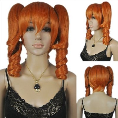 Anime-wavy curly curl two clip-ponytail short-long straight full hair wig-(orange)-womens