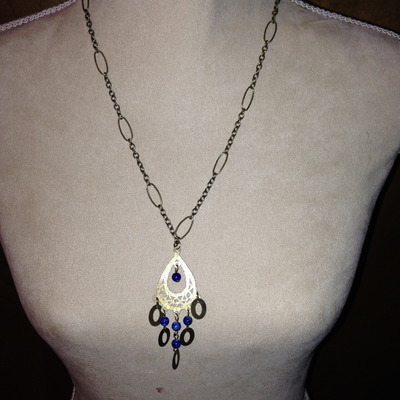 Blue Bead Pendant on Unique Brass Chain