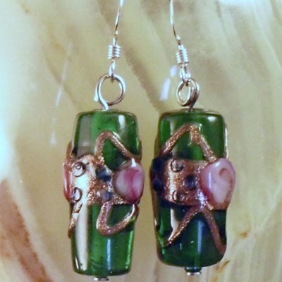Green and pink millefore bead earrings - Thumbnail 4