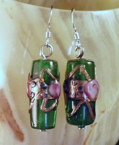 Green and Pink Millefore Bead Earrings