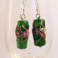Green and Pink Millefore Bead Earrings - Thumbnail 1
