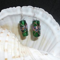 Green and Pink Millefore Bead Earrings - Thumbnail 2
