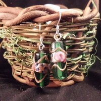 Green and Pink Millefore Bead Earrings - Thumbnail 4