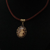 Steampunk Resin and Gears Small Bronze Oval Filigree Pendant on Brown Velvet Cord Necklace