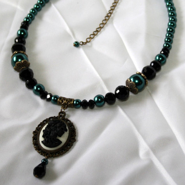 Teal Pearls & Black Crystals Skeleton Lady Cameo Necklace