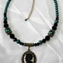 Teal Pearls & Black Crystals Skeleton Lady Cameo Necklace-2