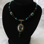 Teal Pearls & Black Crystals Skeleton Lady Cameo Necklace-4