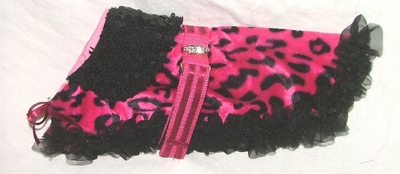 Raspberry and black leopard printed faux fur, and sequin coat