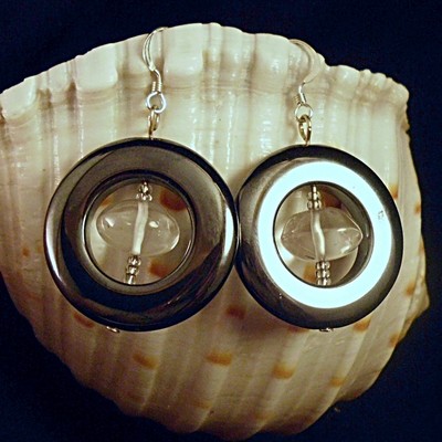 Hematite doughnut with quartz crystal earrings