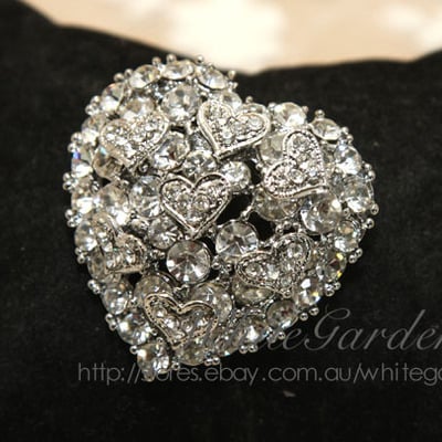 Rhinestone crystal wedding heart sash belt dress cake silver brooch pin - Thumbnail 3