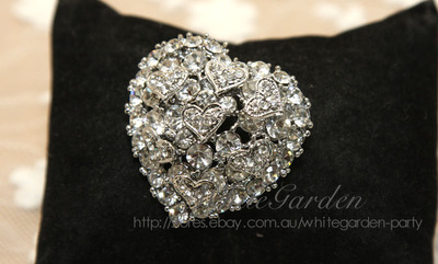 RHINESTONE CRYSTAL WEDDING HEART SASH BELT DRESS CAKE SILVER BROOCH PIN