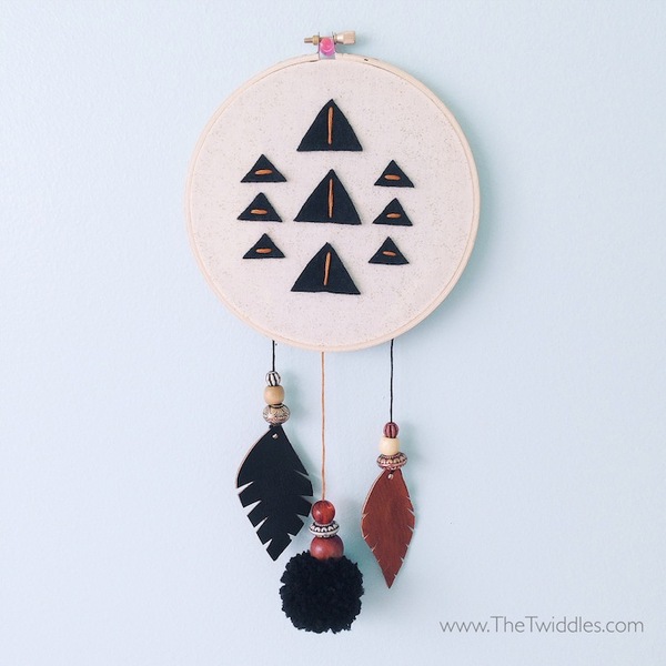 6" Triangle & Leather Feather Hoop Art - Black & Gold