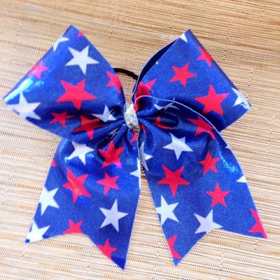 Patriotic 4th of july red white blue star cheer bow with rhinestones
