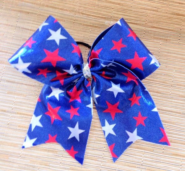 Patriotic 4th of July Red White Blue Star Cheer Bow with Rhinestones