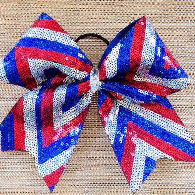 Patriotic 4th of july red white blue stripe rhinestone cheer bow with rhinestones