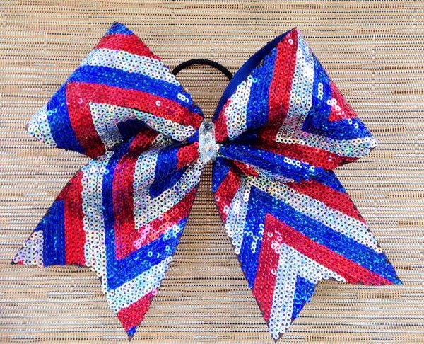 Patriotic 4th of July Red White Blue Stripe Rhinestone Cheer Bow with Rhinestones