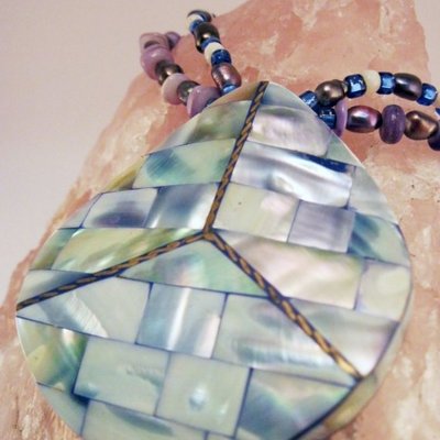 Mother of pearl mosaic brass inlaid peace sign necklace