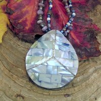 Mother of Pearl Mosaic Brass Inlaid Peace Sign Necklace - Thumbnail 1