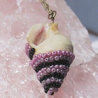 Purple, Pink, and Black Bead Encrusted Sea Shell Necklace - Thumbnail 3