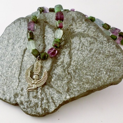 Pewter isis with ruby zoisite & rainbow fluorite necklace