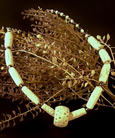 Vintage Carved Bone Necklace with Freshwater Pearls