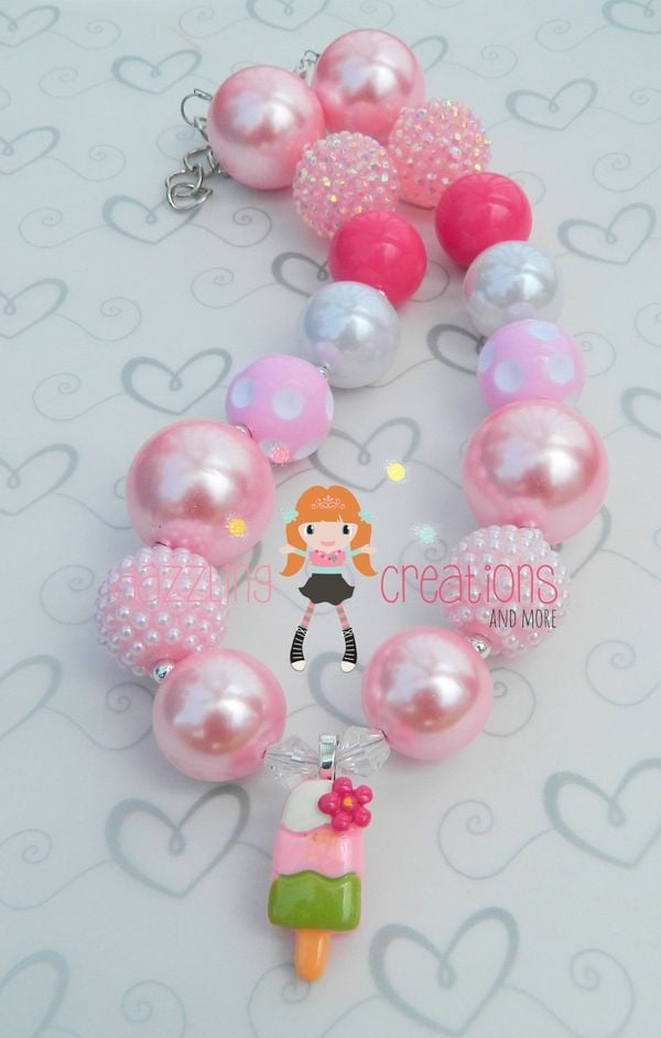 Pinkalicous Ice Cream Cone Pendant Chunky Necklace & Hair Bow Set Perfect Photo Props/Bubblegum Beads/Girls Jewelry