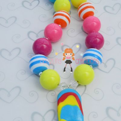 Rainbow ice cream pendant chunky necklace & hair bow set perfect photo props/bubblegum beads/girls jewelry