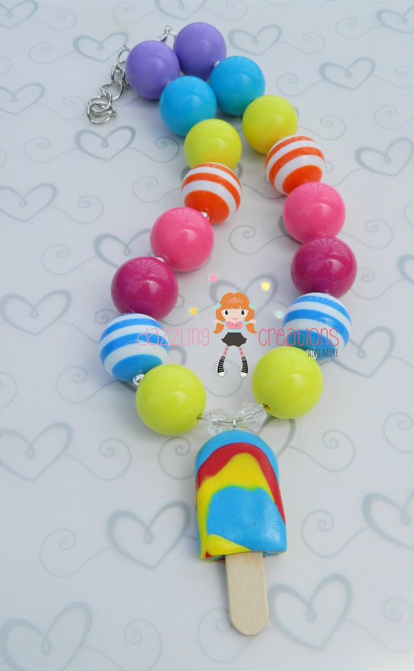 Rainbow Ice Cream Pendant Chunky Necklace & Hair Bow Set Perfect Photo Props/Bubblegum Beads/Girls Jewelry