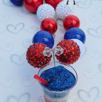 Patriotic 4th of July Red White Blue Ice Cream Slushy Pendant Chunky Necklace & Hair Bow Set Perfect Photo Props - Thumbnail 1