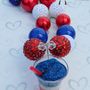 Patriotic 4th of July Red White Blue Ice Cream Slushy Pendant Chunky Necklace & Hair Bow Set Perfect Photo Props-1