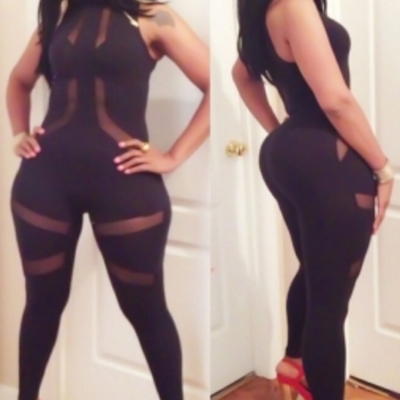 Black formfitting mesh splicing bodysuit