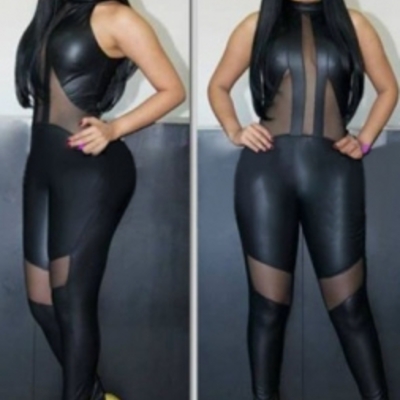 Black mesh cutout leather jumpsuit