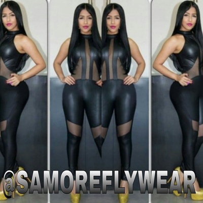 Black mesh cutout leather jumpsuit