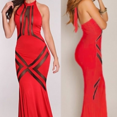   glam red mesh pattern hourglass evening dress