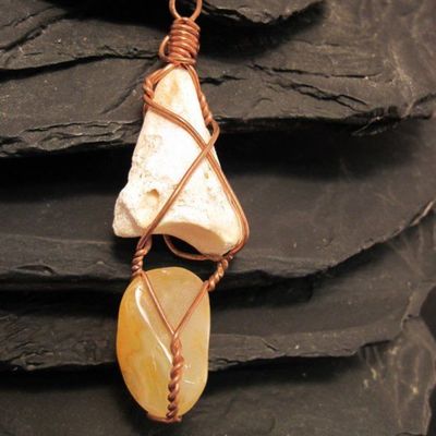 Fossil tooth and agate necklace copper wire wrapped