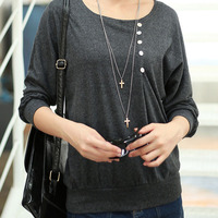 Women Fashion Round Neck Long Sleeve Shirt FLA1089-3095-26-Black - Thumbnail 3