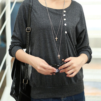 Women fashion round neck long sleeve shirt fla1089-3095-26-dark gray