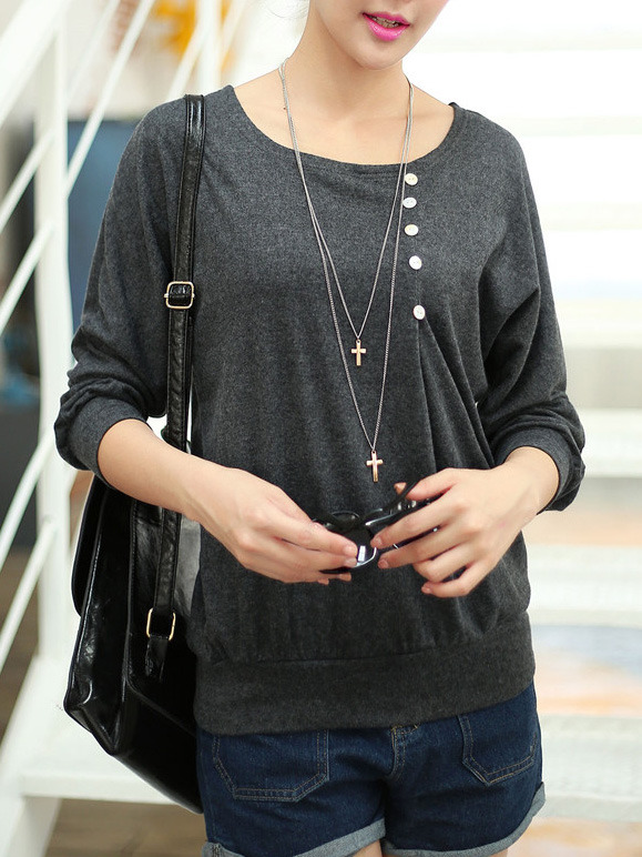 Women Fashion Round Neck Long Sleeve Shirt FLA1089-3095-26-Dark Gray