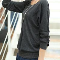 Women Fashion Round Neck Long Sleeve Shirt FLA1089-3095-26-Dark Gray - Thumbnail 1