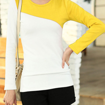 Women fashion round neck long sleeve shirt fla1089-3101-29-yellow