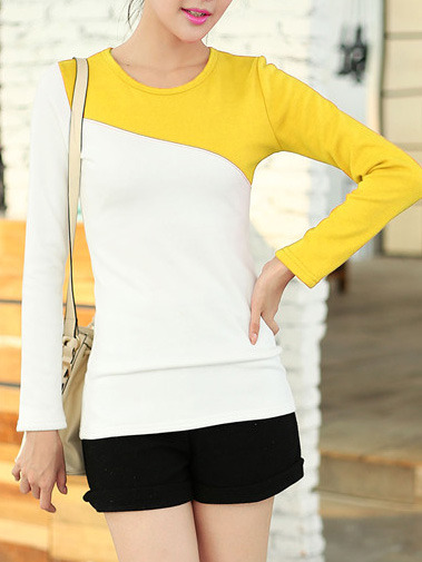 Women fashion round neck long sleeve shirt fla1089-3101-29-yellow