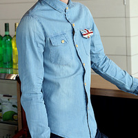 New Fashion Slim Long Sleeves Causal Shirts 907SJ-017-58-Blue - Thumbnail 3